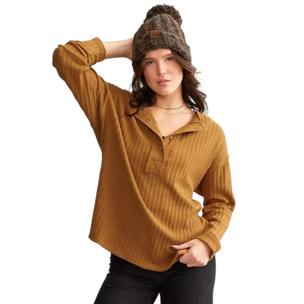 BKE Textured Knit Henley Top Size Small Long Sleeve Tan Dijon Oversized Relaxed